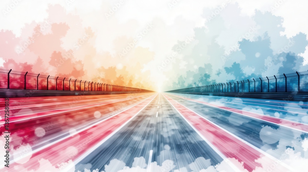 Poster an artistic depiction of a racing track, blending vibrant colors and abstract shapes, creating a dyn
