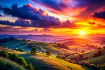 Fototapeta premium Miniature Sunset Landscape: Vibrant Sky, Rolling Hills, Tilt-Shift Photography