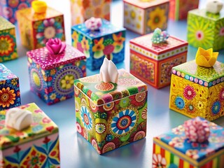 Miniature Tilt-Shift Photo of Colorful Tissue Box Designs on a White Background