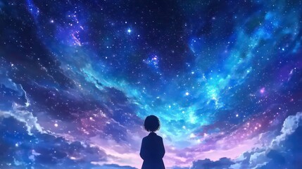 Beautiful fantasy starry night sky, blue and purple colorful, galaxy and aurora 4k wallpaper. cosmic watercolor illustration. Colorful space background with stars