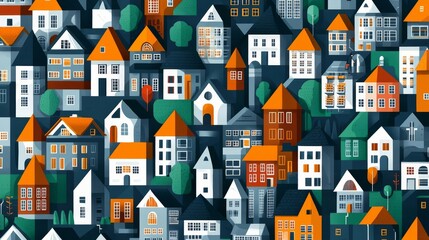 A vibrant illustration of diverse houses with colorful roofs, showcasing unique architectural styles in a charming layout.
