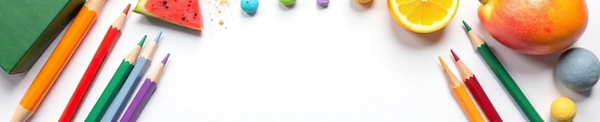 Naklejka premium Assorted colorful objects arranged on a white paper background, colorful, colorful objects