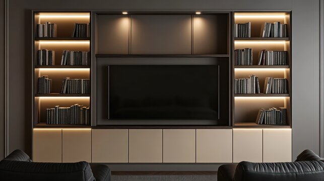 Contemporary living room wall cabinetry with symmetrical bookshelves and integrated lighting for home media storage.