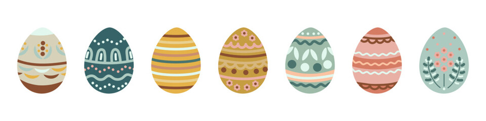 Easter eggs with elements of ethnic patterns. A set of hand-drawn Easter eggs. Geometric pattern of pastel colors .Isolated white background. Unusual decorative pattern.