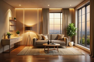 Fototapeta premium Minimalist Beige Interior Night Photography: Soft Light, Modern Design