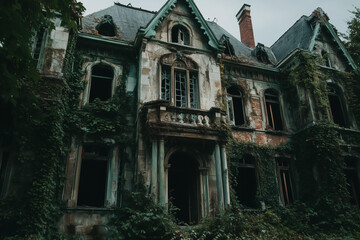 Obraz premium an abandoned gothic mansion with broken windows and overgrown ivy,eerie and atmospjeric