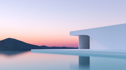 Modern house overlooking infinity pool at sunset