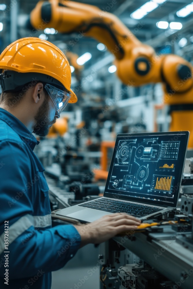 Poster engineer analyzing robotics data on laptop in modern factory