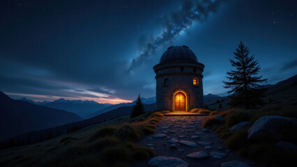 Tower at night with open door, mountains and starlit sky in background, with fire in distance.