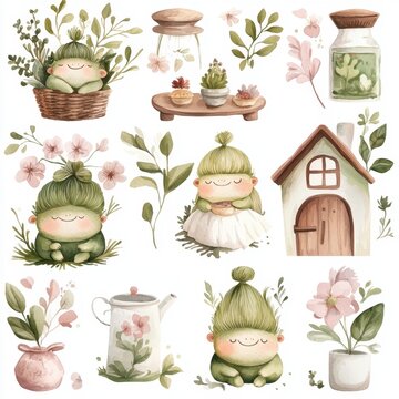 Watercolor Set of Whimsical Garden Gnomes with Nature Elements and Pastel Colors