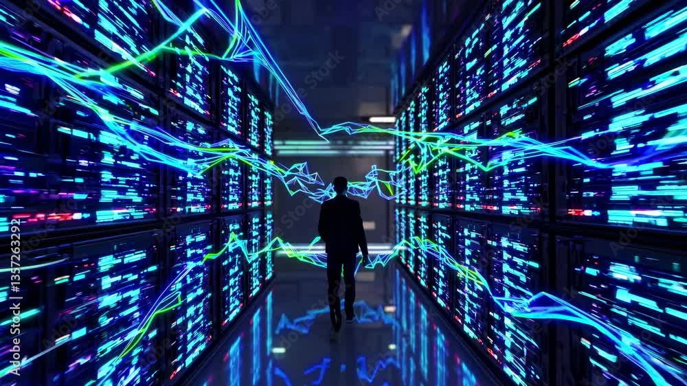 Poster a dynamic video scene with a low-angle view of a person in a data center, surrounded by vibrant, flo