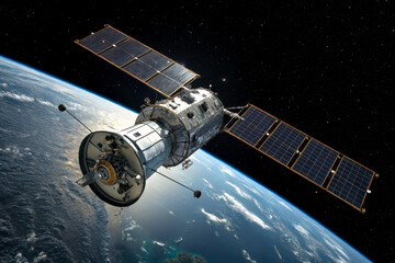 A detailed satellite orbits Earth, showcasing solar panels and a robust design against a backdrop of space and the planet's curvature.