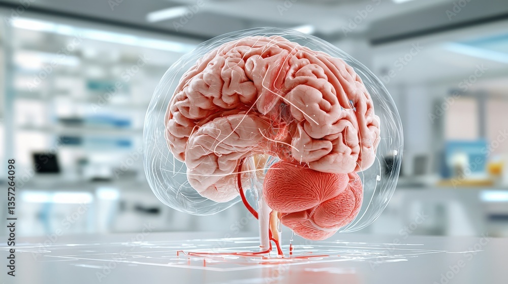Poster detailed 3d model of human brain with vascular structures visible