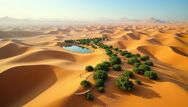 A stunning aerial shot of Zavkhan Province showcasing rolling dunes and lush oases in breathtaking 4K resolution,  Zavkhan Province,  exotic
