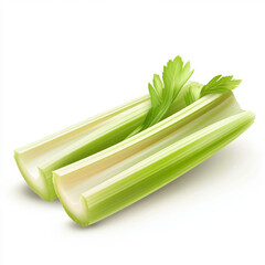 a cascading slice of light green celery stalk with visible fibers isolated on white background, full depth of field