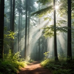 Fototapeta premium Sunbeams in a Misty Forest Path
