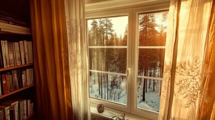 Fototapeta premium Cozy winter view from a warm cabin window with golden sunlight illuminating a snowy forest scene, evoking a sense of tranquility and warmth during the cold season
