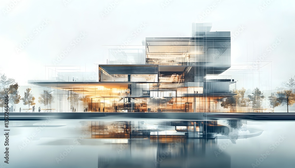 Poster modern architectural design with reflections on water surface