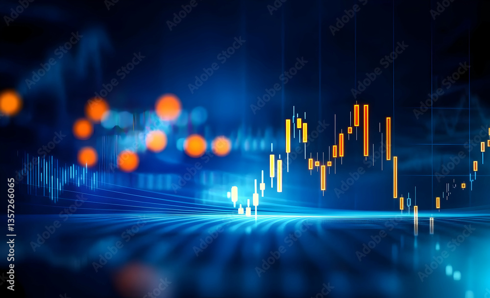 Poster abstract financial data visualizations featuring glowing charts and indicators representing market t