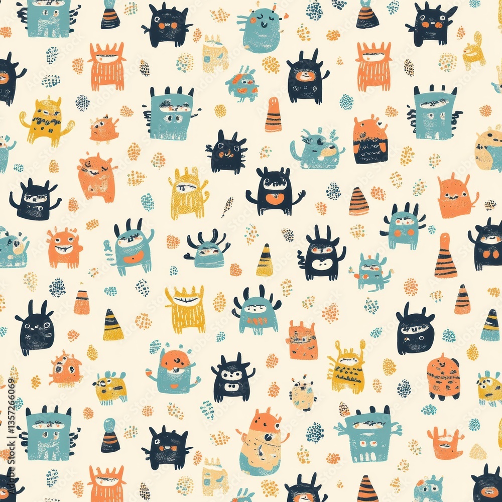 Poster colorful seamless pattern featuring playful cartoon monsters for baby design generative ai