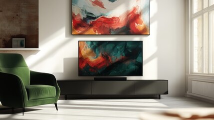A clean and modern living room with a deep green armchair and a sleek, matte black TV stand
