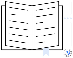 Open book with visible text lines and blue bookmark, accompanied by a financial circle icon. Ideal for education, reading, finance, knowledge, learning, growth and literacy concepts. Flat simple