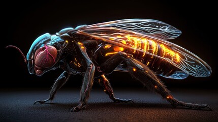 Futuristic glowing insect with intricate details, showcasing vibrant colors and technology elements