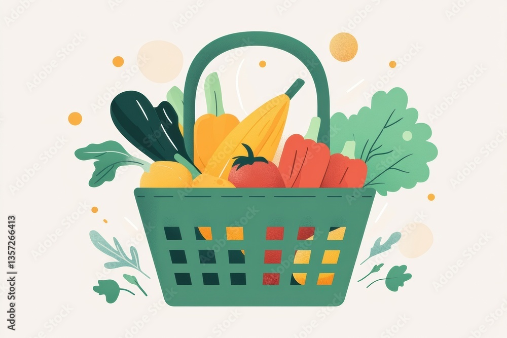 Aufkleber Minimalistic illustration of a green shopping basket filled with fresh vegetables and fruits in a soft pastel background Generative AI