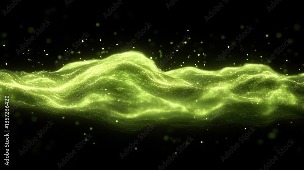 Poster flowing luminous energy wave with glowing particle cloud on black abstract backdrop technology desig