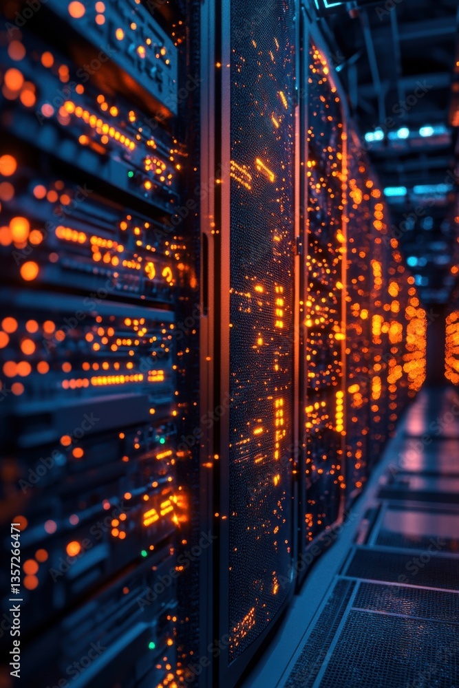 Poster Advanced data center with illuminated server racks and glowing connectivity