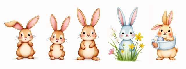Obraz premium A group of four watercolor bunnies standing next to each other.