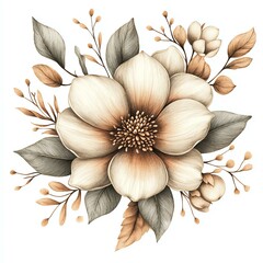 Elegant illustration of a soft beige flower with delicate leaves and buds, showcasing natural beauty and artistry.