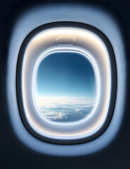 Aerial view from an airplane window showcasing serene clouds and a bright sky. Perfect for travel and adventure themes.