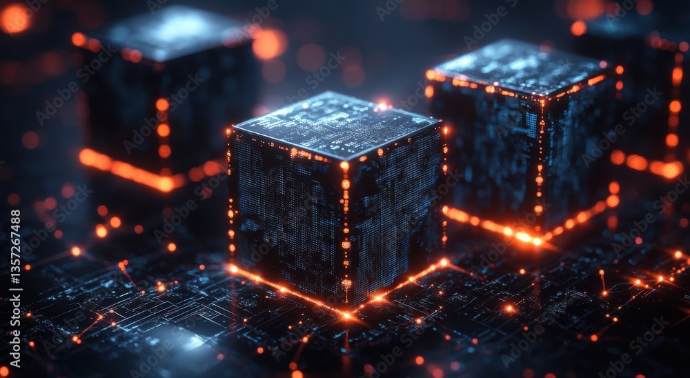 Poster futuristic glowing network with blocks of digital data and technology connections