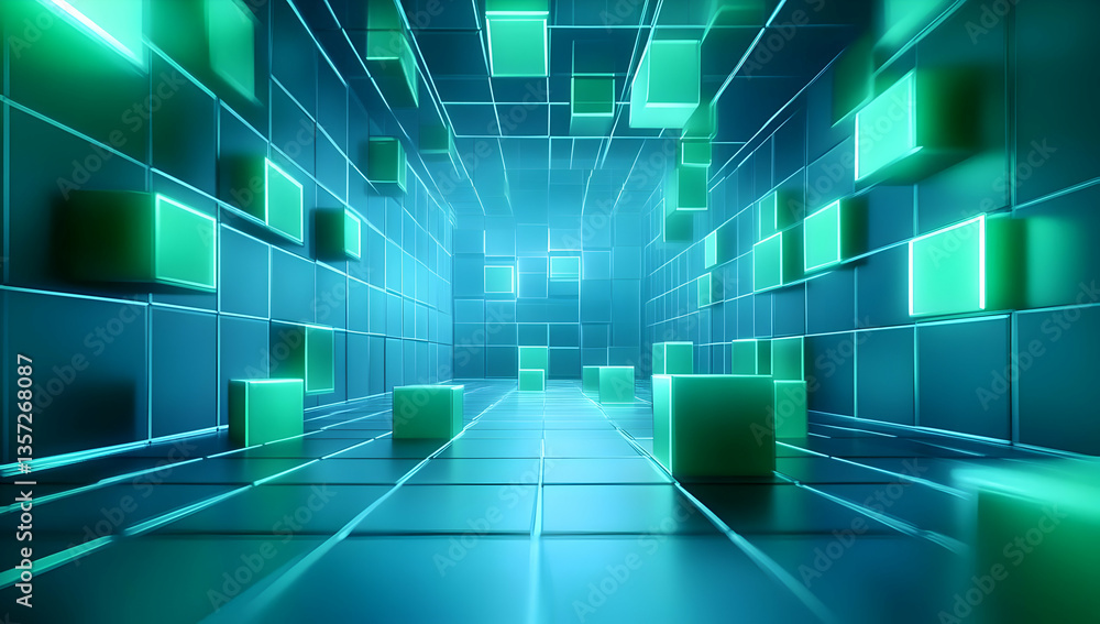 Poster an abstract digital tunnel with glowing cubes, symbolizing data flow and technological advancement i
