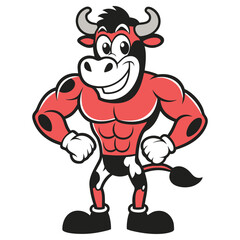 Cartoon Muscular Bull Character, Red and Black, Strong, White Background, Isolated