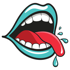 Open Mouth, Red Tongue, Dripping Saliva, Turquoise Lips, White Teeth, Isolated