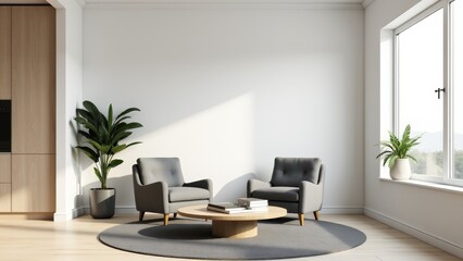Fototapeta premium Minimalist Living Room With Armchairs And Plants