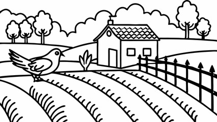 A charming village nestled along a winding river, with small wooden cottages, stone bridges, and lush trees drawn in elegant, intricate line art. 