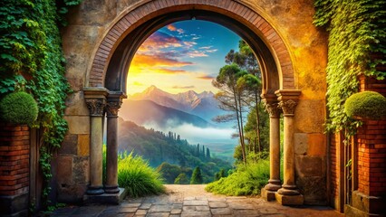 Double Exposure Arch Doorway Design:  Nature Meets Architecture Stock Photo