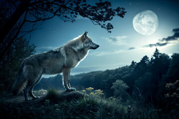 A majestic wolf stands on a rocky outcrop, gazing at a luminous full moon amidst a serene forest landscape at night.