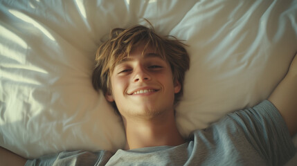Smiling teenage boy waking up in bed in the morning light