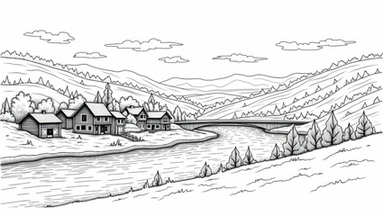 A charming village nestled along a winding river, with small wooden cottages, stone bridges, and lush trees drawn in elegant, intricate line art. 