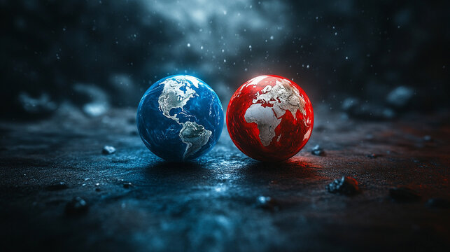 Earth split into two halves, one red and the other blue, symbolizing global polarization and division in modern society, highlighting contrasting ideologies and tensions across the world