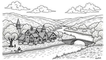 A charming village nestled along a winding river, with small wooden cottages, stone bridges, and lush trees drawn in elegant, intricate line art. 