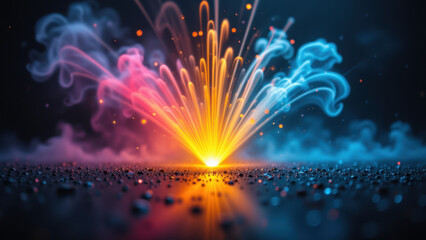 Watchful eyes on a wildfire at night, with colorful smoke effects.