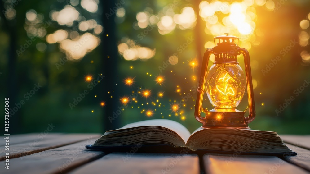 Poster a glowing lantern placed on an open book, symbolizing enlightenment through knowledge