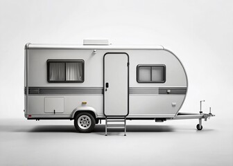 Minimalist Monochrome Caravan Trailer, Isolated White Background Stock Photo