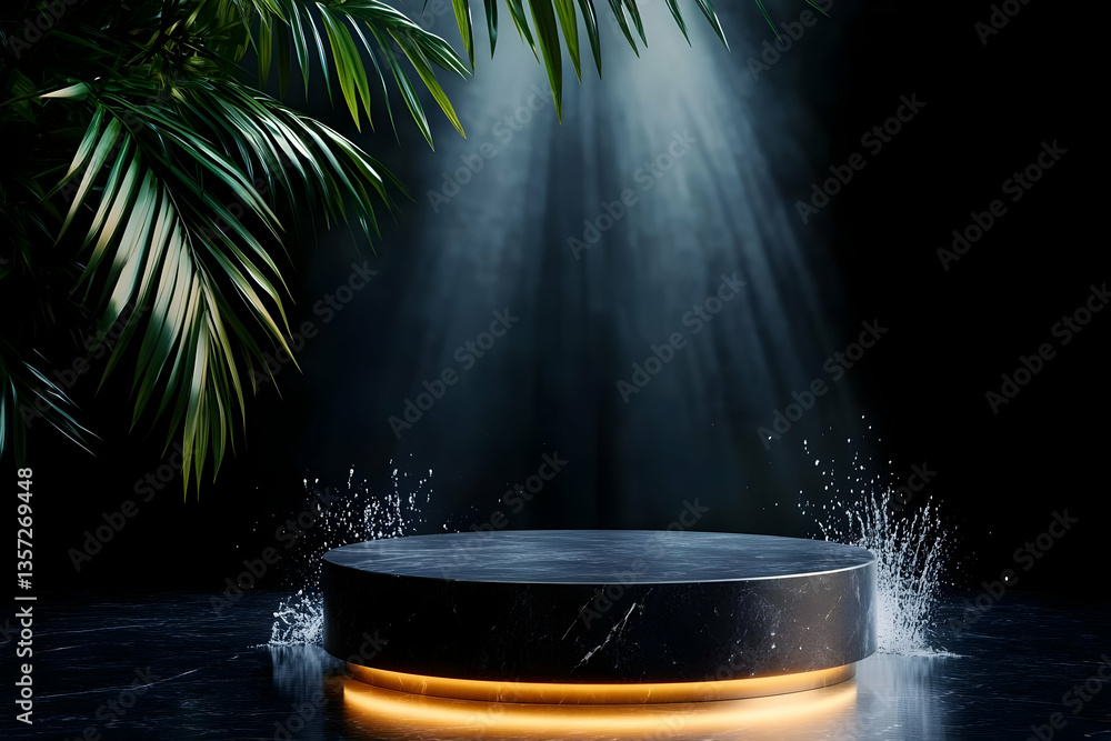 Poster an elegant display platform surrounded by lush greenery and illuminated by soft beams of light, perf