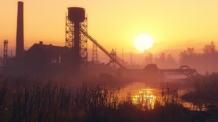 Industrial Landscape with Silhouette of Factory at Sunset